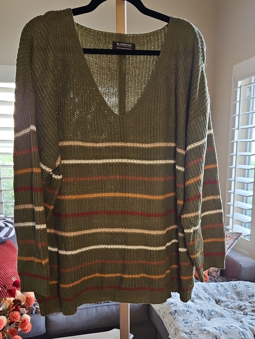 Olive Striped V-Neck Women's Sweater
